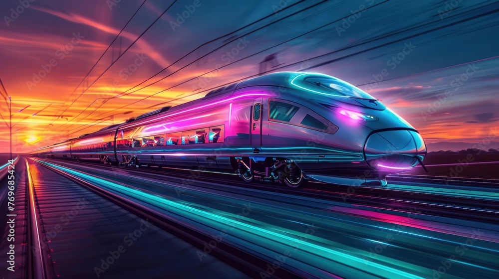 Colorful holographic High-speed train on dark background. AI generated image