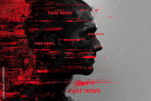 A womans face is subtly morphed with the words fake news, symbolizing the manipulation and distortion of information in todays media landscape photo