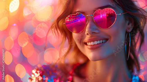 Cheerful young woman wearing heart-shaped glasses and shiny disco clothes. Party and celebration concept for design and print. Colorful blurred background photography with bokeh effect