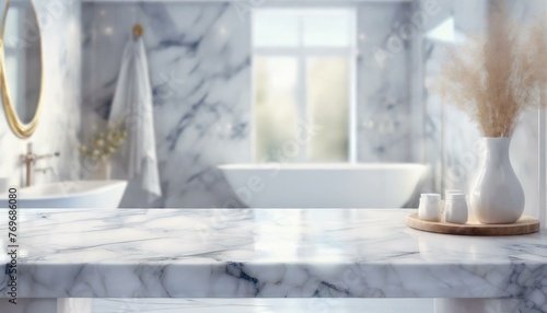 White bathroom interior. Empty marble table top for product display with blurred bathroom interior background. 