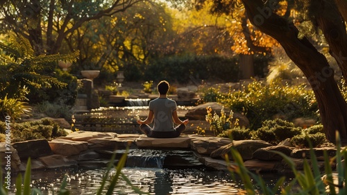 A person meditating by a tranquil garden pond at sunset with trees and soft light.