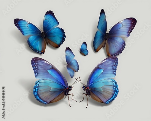 A set of three very beautiful blue butterflies with color transitions isolated on a transparent backgroundа