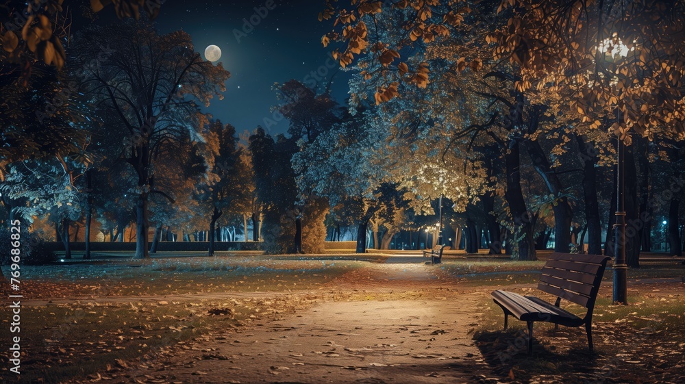 A serene night park scene with a bench under moonlight and street lamps illuminating the pathway.