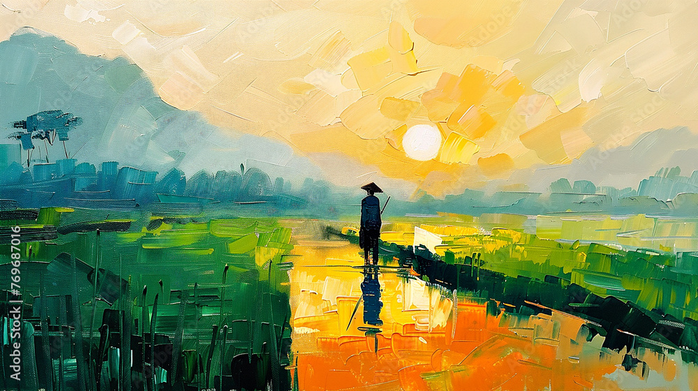 pintura al óleo. hombre en un campo de arroz en Vietnam al amanecer.  - obrazy, fototapety, plakaty 