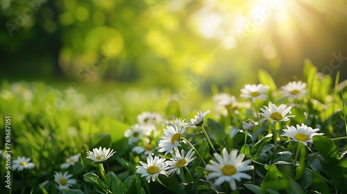 White flowers with a blurred background of green foliage and sunlight photo