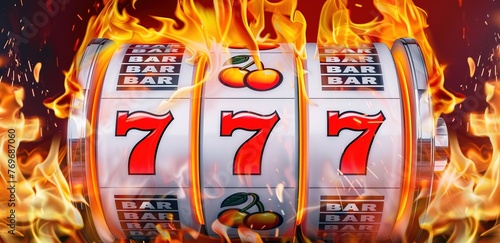 Fire Jackpot: A vibrant image of a slot machine landing a lucky 777 amidst blazing flames, symbolizing ultimate victory and triumph