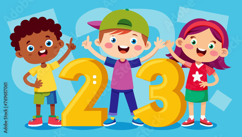 vector illustration of cartoon kids with 123 numbe
