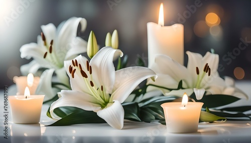 Funeral. White lilies and burning candle indoors, bokeh effect
