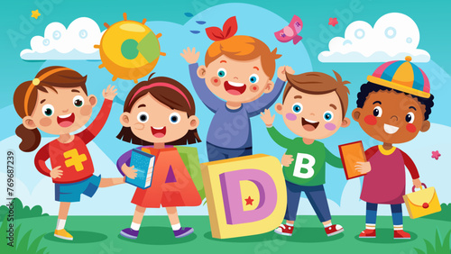vector illustration of cartoon kids with 123 numbe