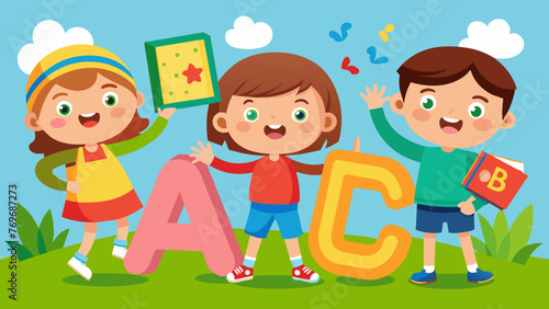 vector illustration of cartoon kids with 123 numbe