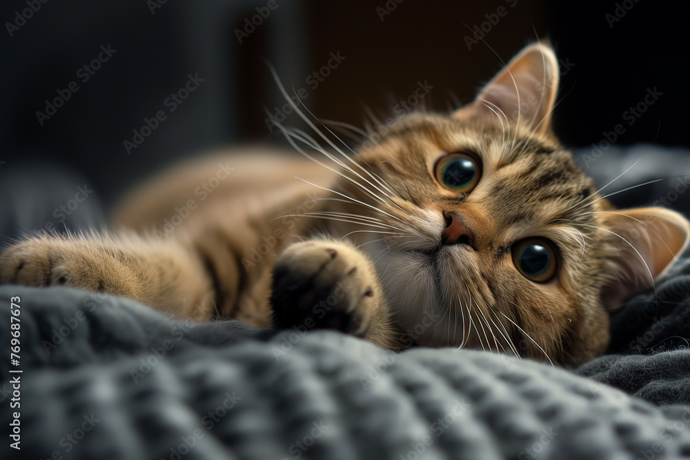 close up of a cat, Cute cat lying on a wool rug