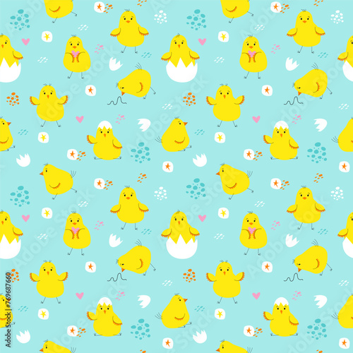 Seamless vector pattern with hatched little cute chickens. Print for children textiles, packaging, fabric, wallpaper.
