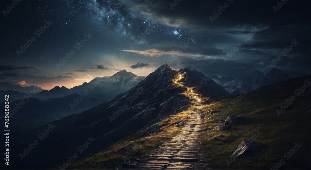 glowing road to the peak of the mountain