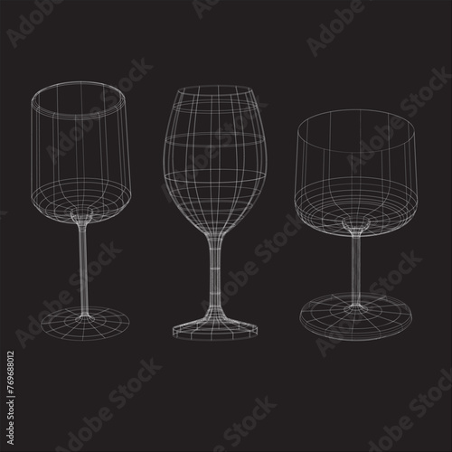 Wireframe style wine glasses set.Vector illustration on black background. Wireframe style wine glass set. Vector illustration on a black background.3D wireframe drawing of glasses
