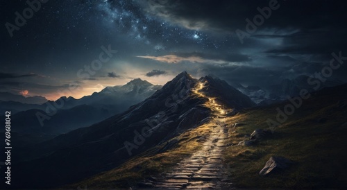 glowing road to the peak of the mountain