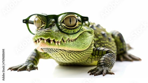 Cute little green crocodile with glasses 