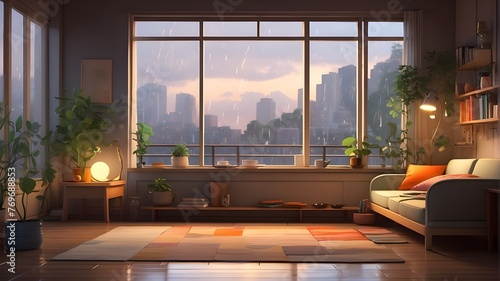 living room with a window, "A cozy and atmospheric depiction of a lo-fi empty interior with an anime, manga-style window view of a rainy day. The scene features a colorful study desk, radiating a warm