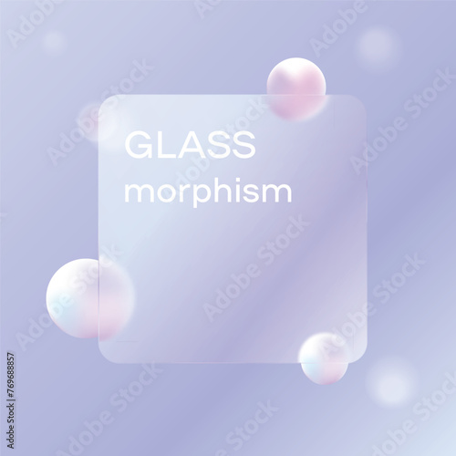 Glassmorphism frame with blur effect on a gradient blue background with blur effect vector illustration. Transparent glass plates with round balls. Website landing page, presentation design, icon