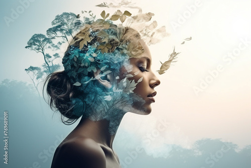 Double exposure of nature landscape mountain forest and woman face made with generative AI © deagreez
