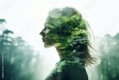 Creative double exposure portrait of attractive woman with forest environment and conservation concept generative AI © deagreez