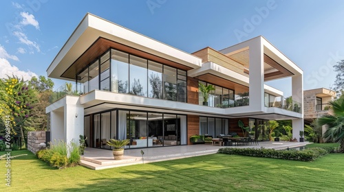 Modern villa, exterior with lawn,Exterior modern white villa or house with garden,Beautiful contemporary white house with blue sky  © Classy designs