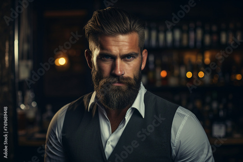 Bartender barman person shaking mixing alcohol drinks in dark bar pub Generative AI © deagreez
