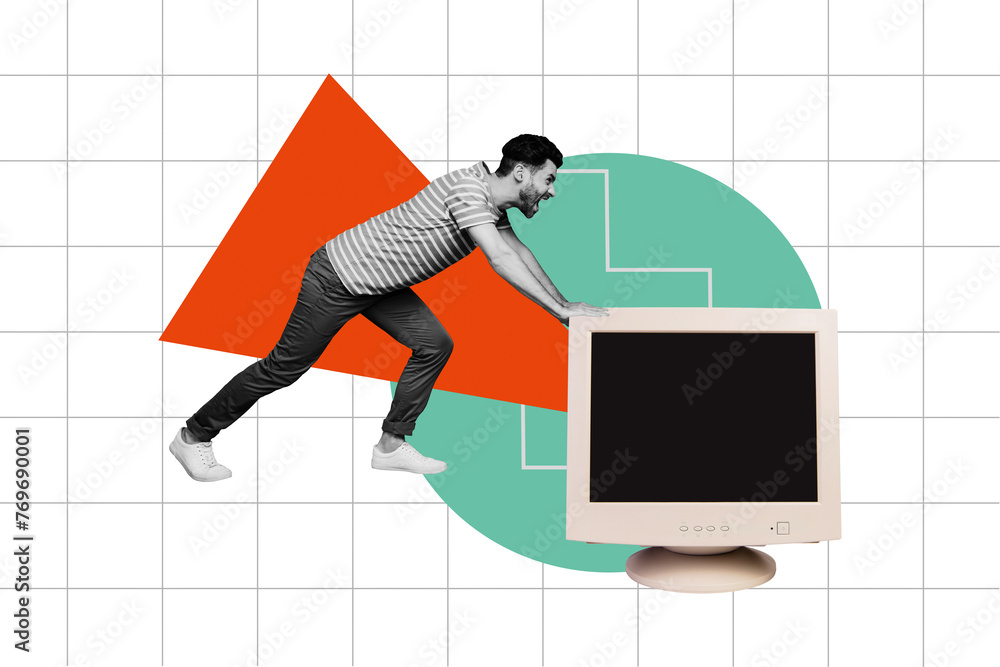 Sketch image composite artwork 3D photo collage of young hardworking office manager guy push move huge old retro computer monitor - obrazy, fototapety, plakaty 