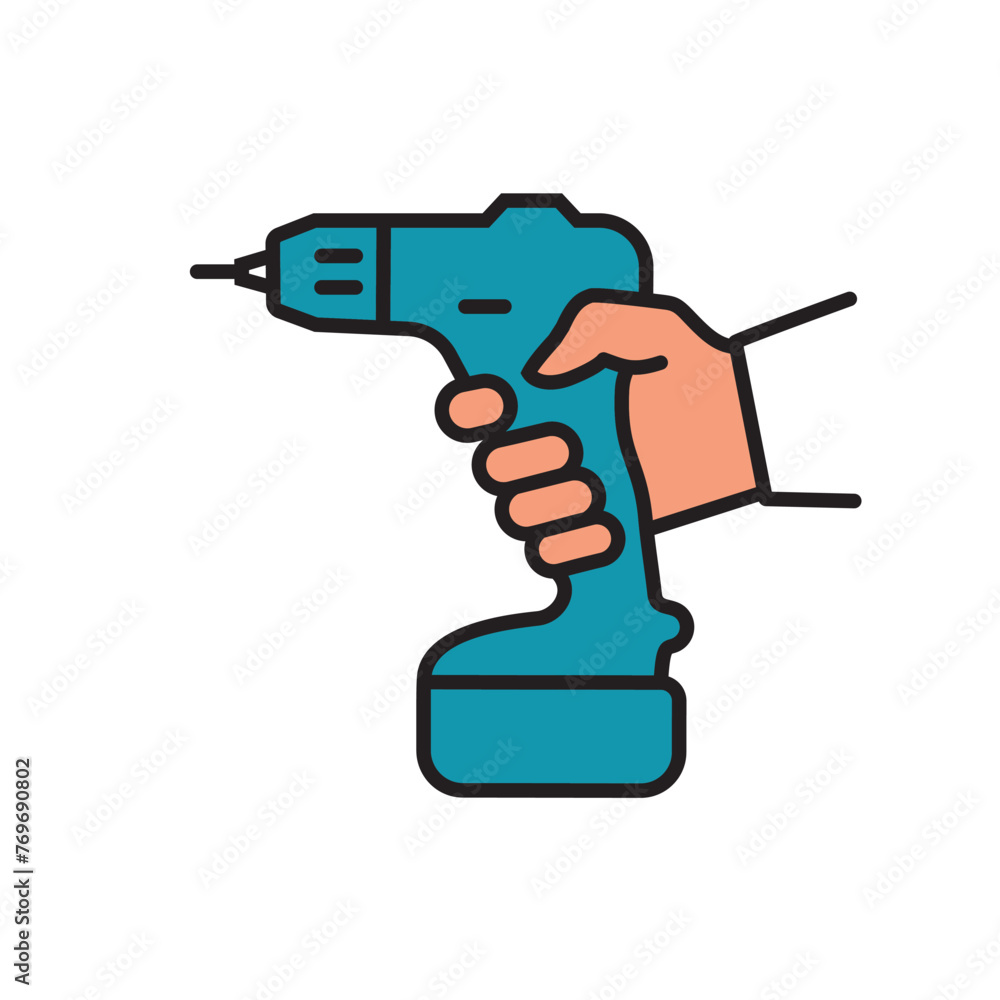 Electric screwdriver black line icon. Battery screwdriver or drill in hand. Home renovation equipment. Tools of the handyman. Vector illustration flat design. Isolated on white background. Electric screwdriver black line icon. Battery screwdriver or drill in hand. Home renovation equipment. Tools of the handyman. Vector illustration flat design. Isolated on white background.