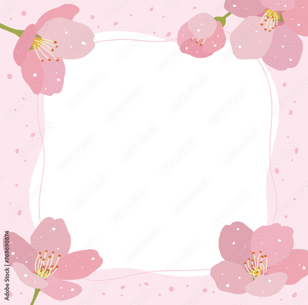 A hand-drawn illustration frame border background of pink 'cherry blossoms', a flower that represents spring. The flowers are bright and blooming. A hand-drawn illustration frame border background of pink 'cherry blossoms', a flower that represents spring. The flowers are bright and blooming.