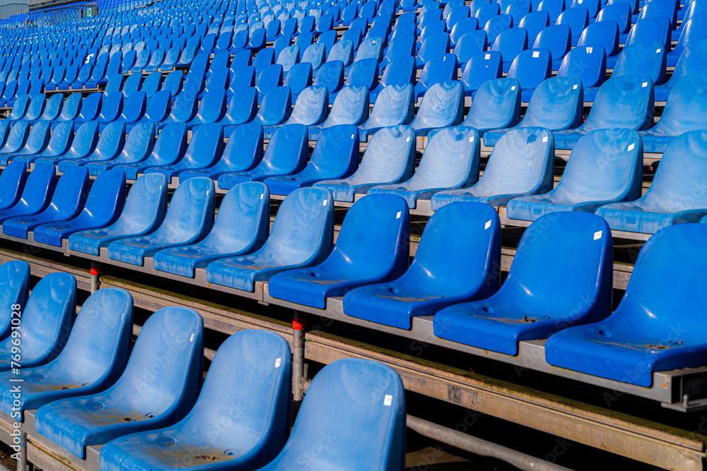 Fototapeta premium Empty football field located in Flanders Belgium Deinze. Image material to promote the Belgian football stadiums. abstract belgian sports promotion, ball sports.