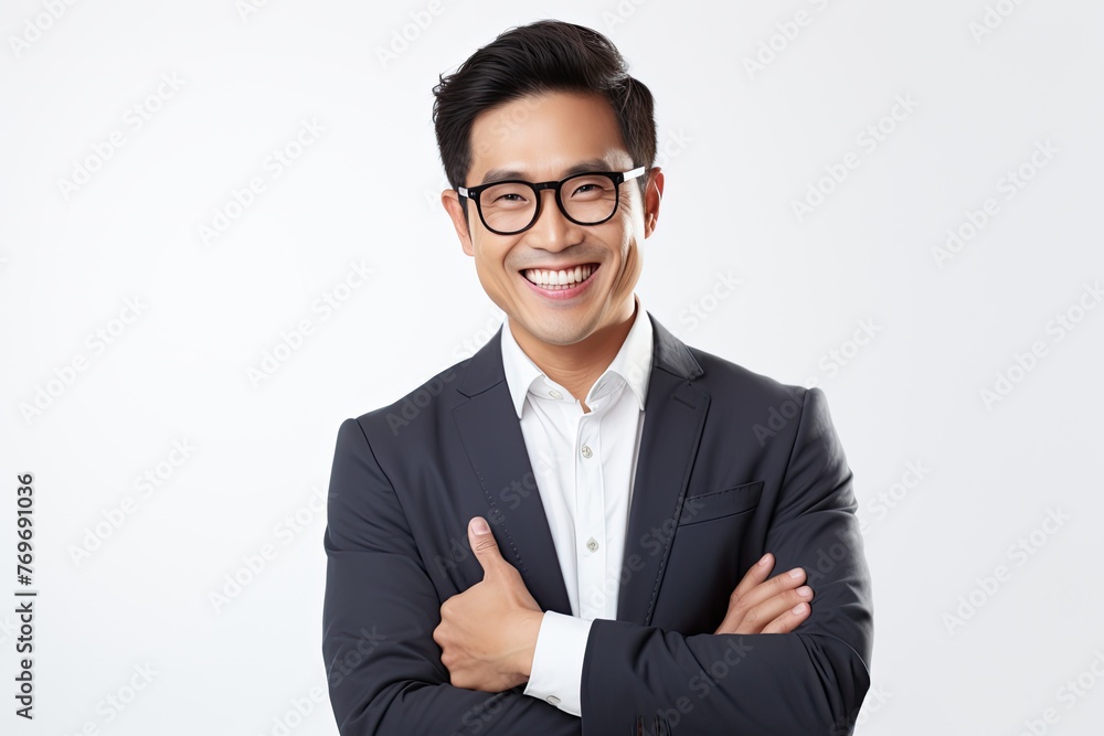 Asian man, company worker in glasses, smiling, standing over white background Asian man, company worker in glasses, smiling, standing over white background