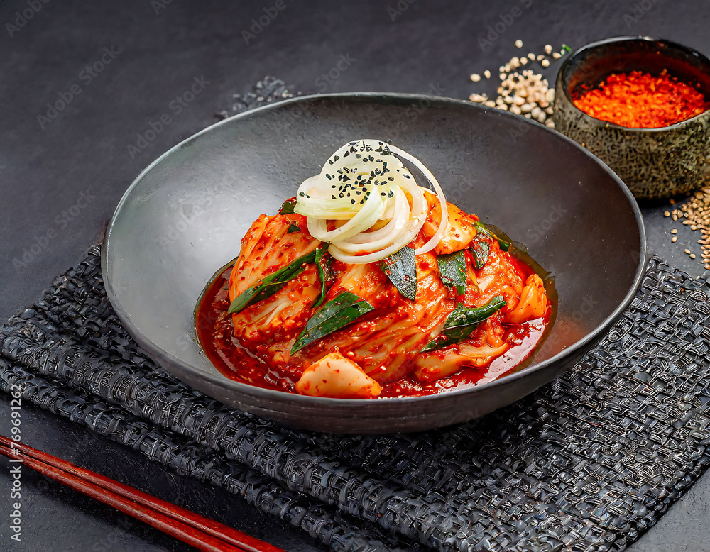 Traditional Korean dish called kimchi, made from fermented vegetables with hot spices presented in an authentic bowl