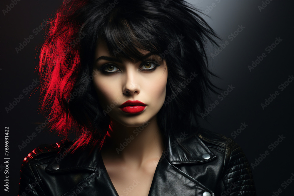 Colorful Generative AI picture of stylish punk person with hairy hairstyle rebellion punk leather outfit Colorful Generative AI picture of stylish punk person with hairy hairstyle rebellion punk leather outfit