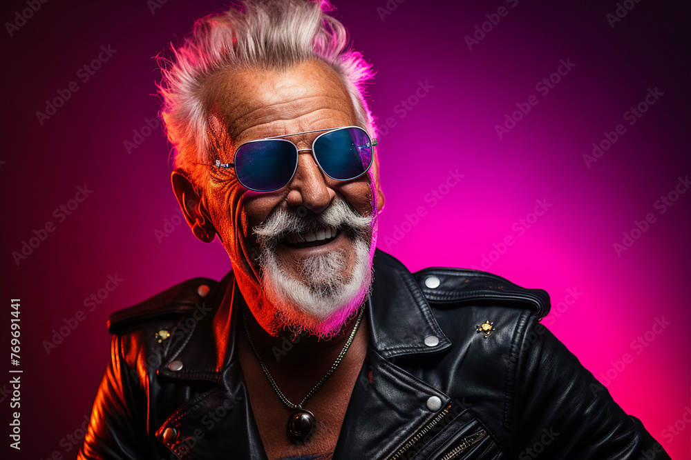 Colorful Generative AI picture of stylish punk person with hairy hairstyle rebellion punk leather outfit Colorful Generative AI picture of stylish punk person with hairy hairstyle rebellion punk leather outfit