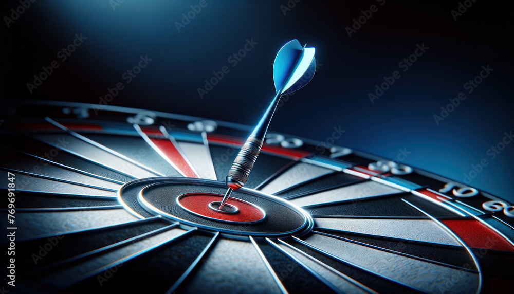 blue dart achieves a perfect bullseye on a sleek, modern dartboard. - obrazy, fototapety, plakaty 