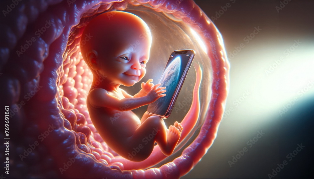 Conceptual image of a fetus interacting with a smartphone, depicting early exposure to technology. - obrazy, fototapety, plakaty 