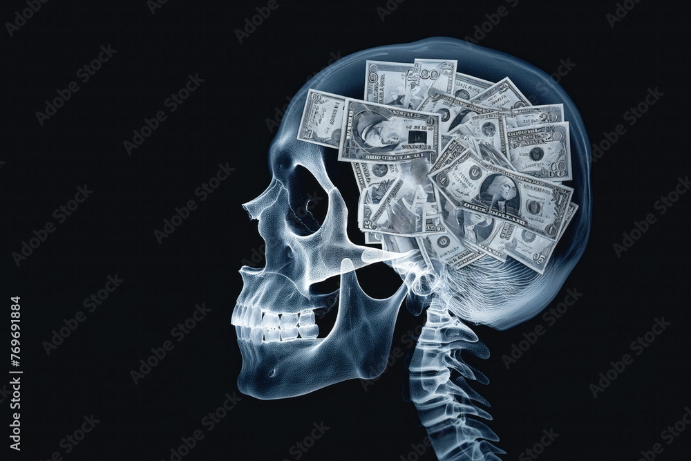 X-ray of a skull filled with dollar bills, illustrating the concept of financial intelligence. - obrazy, fototapety, plakaty 