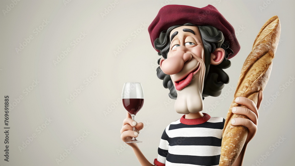 Caricature of a cheerful Frenchman holding a glass of wine and a baguette. - obrazy, fototapety, plakaty 