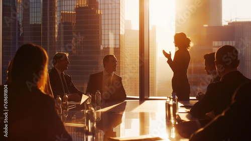 Silhouetted business meeting in a modern office at sunset.