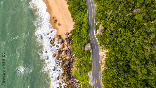 Balneario Camboriu in Santa Catarina. Taquaras Beach and Laranjeiras Beach in Balneario Camboriu. Aerial view in landscape.