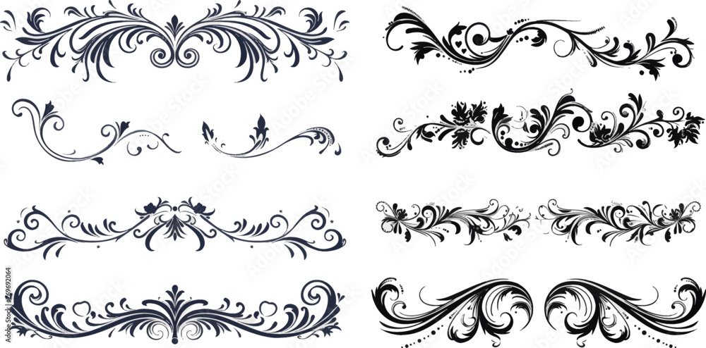 Border frames, ornate swirls floral pages divider. Calligraphic isolated vector icons set