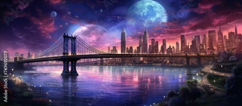 A stunning bridge spans over the shimmering water, with a vibrant cityscape in the background under a violet sky filled with fluffy clouds