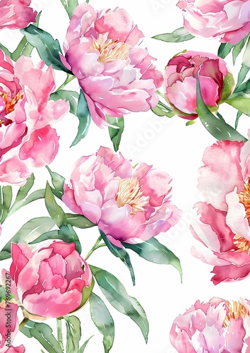 Sweet vibrant pink peonies flower pattern on white, for invitation, greeting card background, wallpaper and wall art, photo