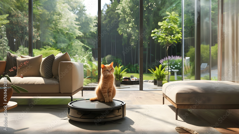 Ginger cat Enjoys Robotic Companion in Sunlit Contemporary Living Space - obrazy, fototapety, plakaty 
