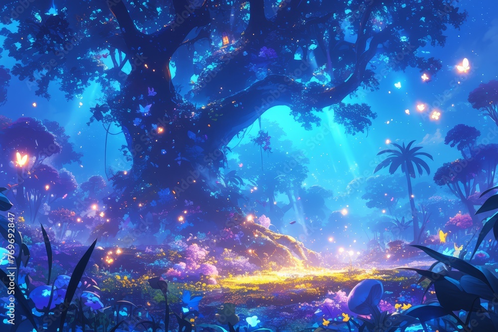 A fantasy forest with flowers and glowing fireflies