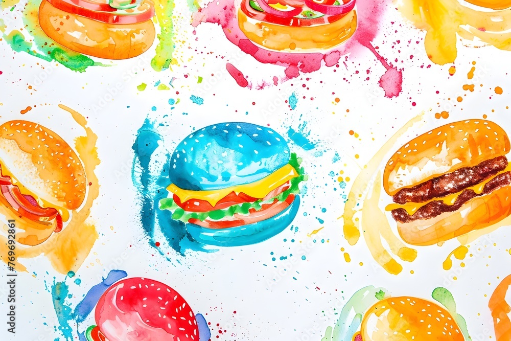 Vibrant Watercolor Splattered Fast Food Assortment on White Background - obrazy, fototapety, plakaty 