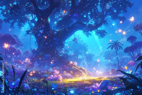 A fantasy forest with flowers and glowing fireflies