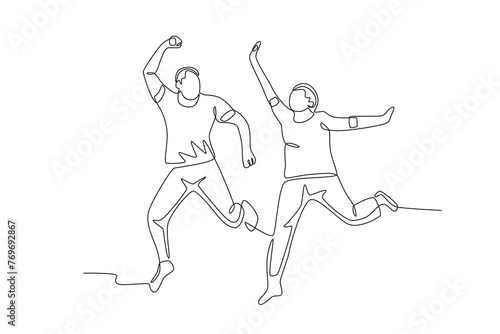 Senior couple dancing while jumping.Seniors Community one-line drawing