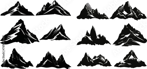  Rocky range landscape shape. Hiking mountains peaks, hills and cliffs