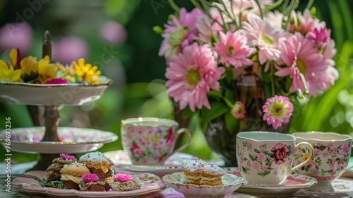 Table Set With Plates of Food and Cups